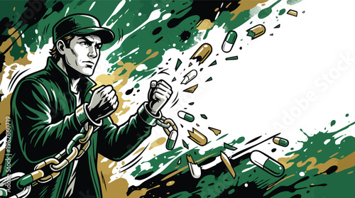 Anti drug Awareness Man Breaking Chains of Capsule Addiction