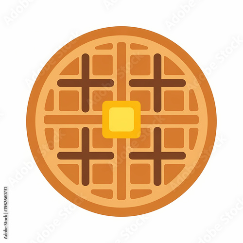 A delicious waffle topped with a square of melting butter, a perfect breakfast treat. The waffle has a golden-brown color and a crispy texture. 