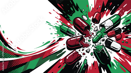 Anti Drug Day Bold Graphic Poster with Pattern of Broken Capsules and Clean Space