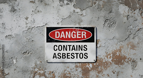 Warning sign on concrete wall with asbestos danger message