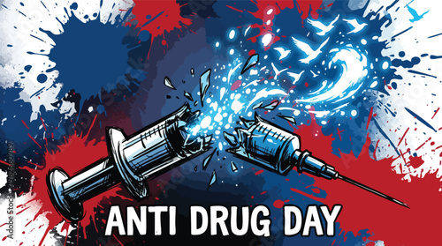 Anti Drug Day Illustration Showing Broken Syringe Transformed into Flying Doves