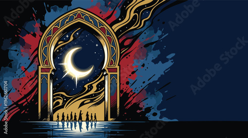 Ashura Islamic Arch with Glowing Moon and Silhouettes Religious Art