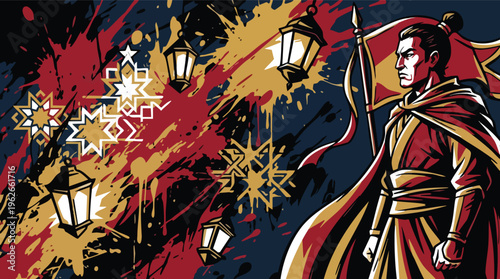 Ashura Abstract Banner with Warrior Lanterns and Splattered Background