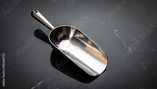 Stainless steel metal scoop on sleek black marble surface for kitchen use and food ingredient measuring modern design studio shot
