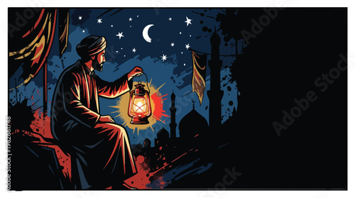Ashura Lantern Glow Against Night Sky with Mosque Silhouette Stars and Crescent Moon