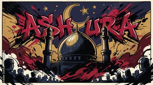 Ashura Commemoration Illustration with Mosque and Crowd Under Moonlight