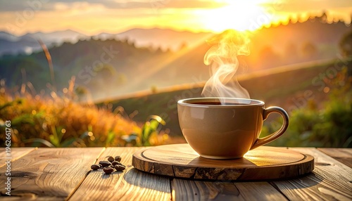 Steaming cup of coffee on a rustic wooden table at sunrise overlooking a scenic mountain landscape creating a warm inviting atmosphere