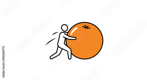 Energetic figure moving a vibrant oversized citrus fruit with determined effort and clear visual