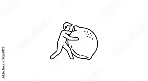 Minimalist black line art depicting a determined person pushing a large fresh citrus fruit icon