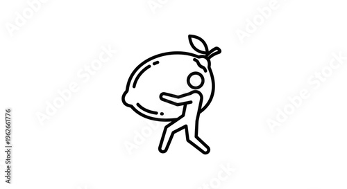 Minimalist outline illustration of a person carrying an exceptionally large lemon on white