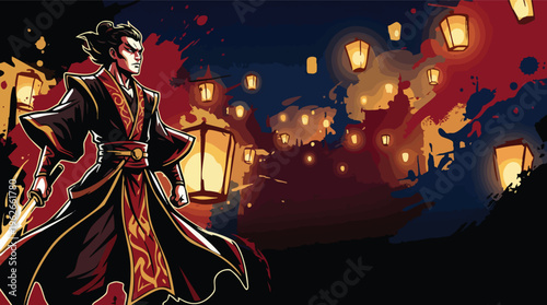 Ashura Warrior Holding Flaming Sword in Night with Lantern Background
