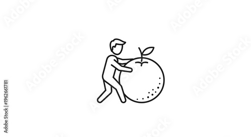 Outline illustration of a diligent person pushing an oversized ripe citrus fruit symbol