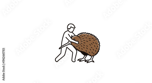 Minimalist graphic portraying human interaction with New Zealand's iconic flightless kiwi bird
