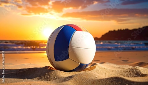 Volleyball on beach at sunset with vibrant orange sky creating a warm and inviting scene for summer sports and vacation