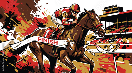 Racing Horse and Jockey Bursting Through Finish Line Tape at a Track
