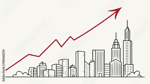Urban skyline with red upward chart arrow. Concept of economic growth, real estate investment, financial progress, business expansion, stock market rise illustration.