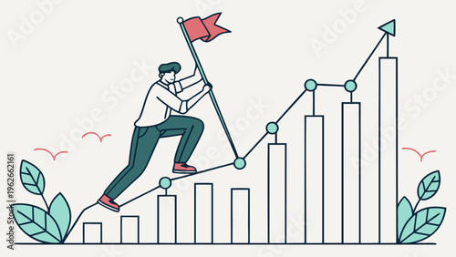 Man climbing bar chart to reach flag on top. Symbol of achievement, career growth, leadership, goal reaching, business success, motivation, and progress illustration.