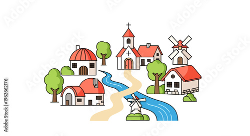 Village illustration, vector style graphic, community, rural landscape, design, travel, tourism, eps