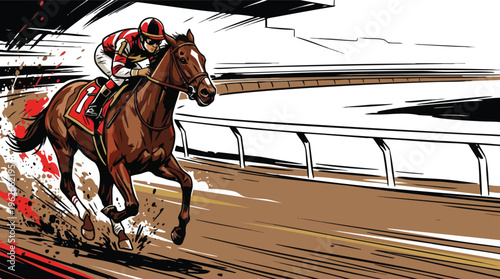 Galloping Racehorse and Jockey on a Track Digital Illustration with Dynamic Motion