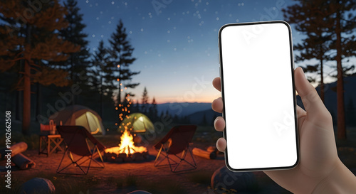 Camping Scene with Phone and Campfire in Nature For UI Mockup and Social Media Marketing and Branding
