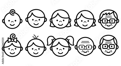 Collection of diverse cartoon children faces in simple line art illustration.