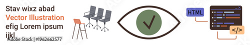Office design, coding, quality assurance, software development, web design, accessibility features. You see office chairs, an eye icon with a checkmark and an HTML coding interface. Office design