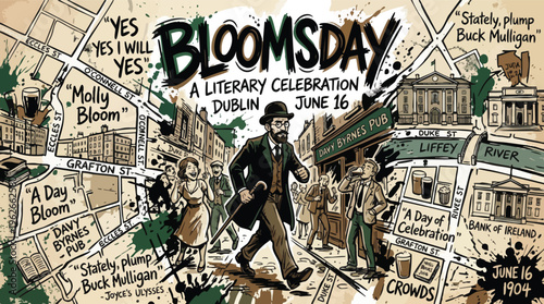 Bloomsday Literary Celebration Dublin with Handwritten Text and Map Elements