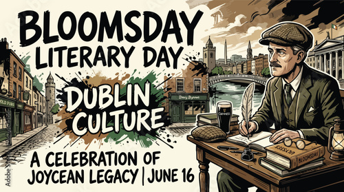 Literary Day Celebration in Dublin with a Writer Figure and Iconic Cityscapes