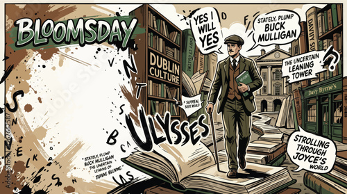 Bloomsday Character Walking Through Surreal Book World with Floating Letters