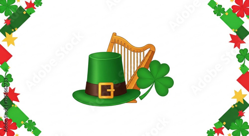 St patrick's day celebration with green hat harp and shamrock on white background surrounded by floral border