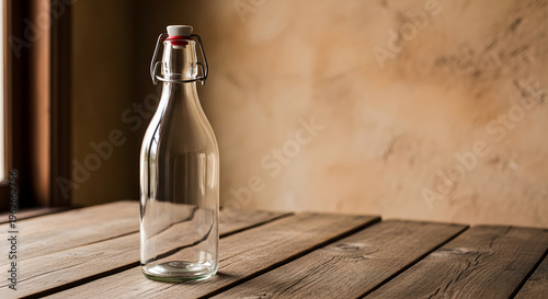 Empty glass bottle with metal closure on a wooden table in front of a textured wall.
