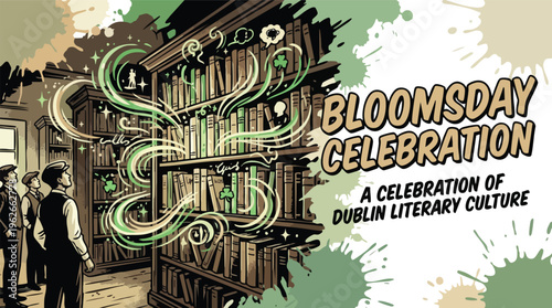 Bloomsday Celebration Dublin Literary Culture Glowing Bookcase Illustration