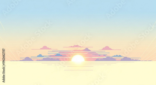 Sunrise over serene landscape with vibrant sky and clouds at dawn or dusk warm light