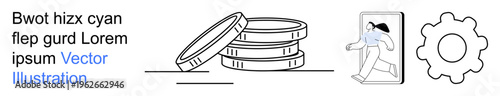 Finance, technology integration, innovation, process management, digital economy, futuristic concepts. Stacked coins, a gear icon and a person walking through a framed portal. Finance and technology