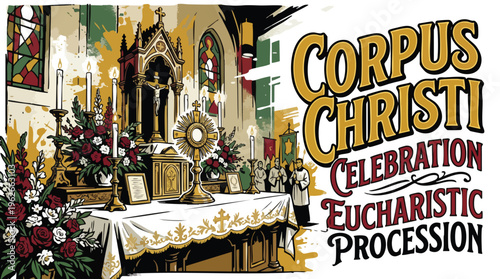 Corpus Christi Celebration with Altar Candles Flowers and Sacred Elements