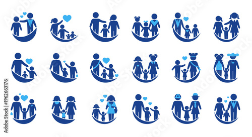 Collection of blue accessibility icons showing people in wheelchairs with helpers and companions.