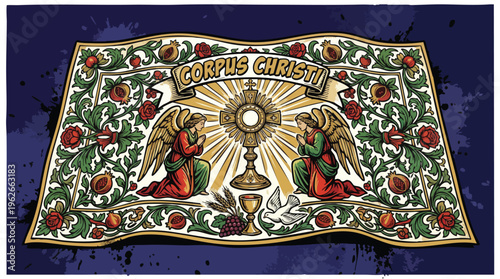Corpus Christi Floral Carpet Pattern with Sacred Symbols and Angels