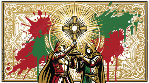Corpus Christi Monstrance Adoration with Knights and Ornate Background Art