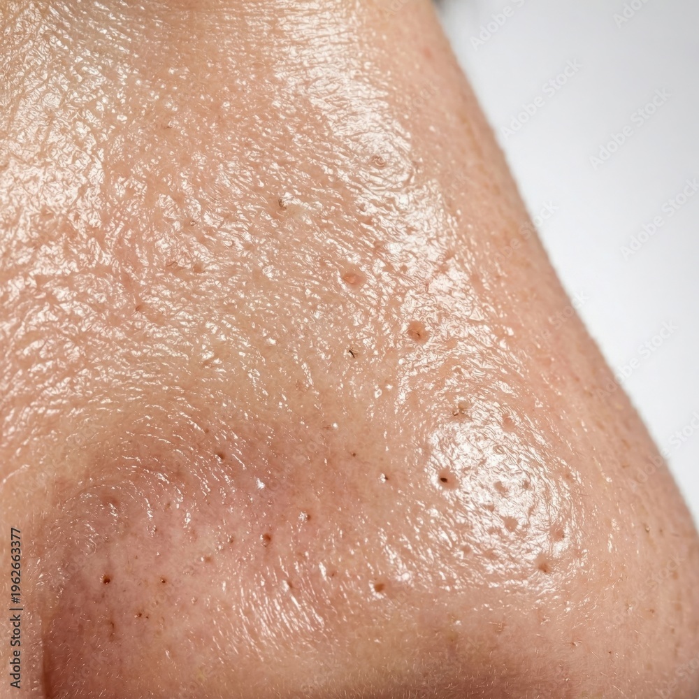 Fototapeta premium Close-up view of oily facial skin texture, showing visible pores and minor imperfections around the nose area