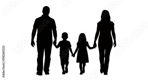 Silhouetted family of four walking hand in hand in a sunny outdoor setting, showcasing togetherness and family unity.