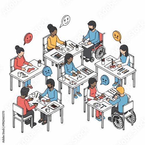 Diverse group of people with disabilities communicating.