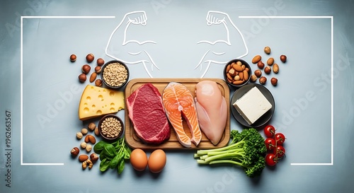 High protein foods, meat, fish, dairy products, healthy eating, nutrition
