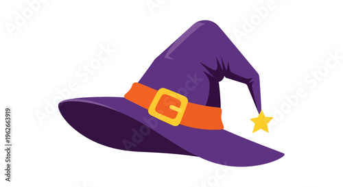 Whimsical purple witch hat with star accent and orange belt, adding a touch of magic and