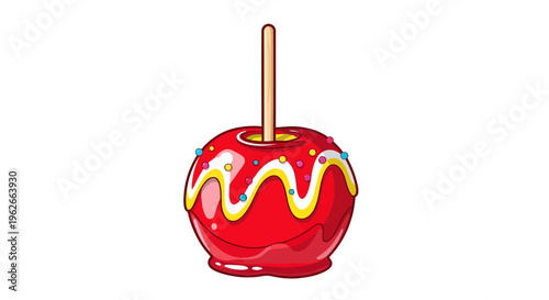 Whimsical red candy apple on a stick with decorative drizzle and colorful sprinkles