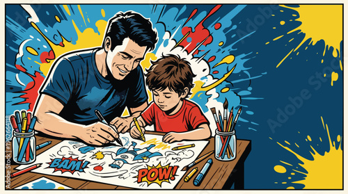 Fathers Day Celebration Dad and Child Drawing Together Creative Moment Bonding