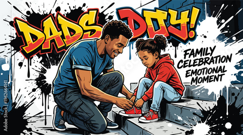 Fathers Day Graffiti Illustration Dad and Child Tying Shoes Emotional Moment