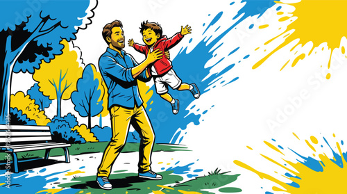 Father and Child Playing Happily in Park Family Bonding Illustration