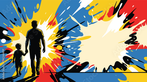 Fathers Day Illustration of Father and Child Walking Hand in Hand