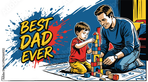 Fathers Day Celebration Dad and Child Building Toy Blocks Together Emotional