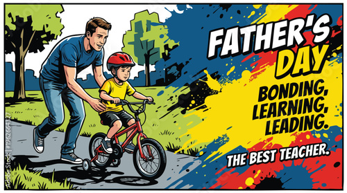 Father Teaches Son to Ride Bicycle Outdoor on Sunny Day in Park